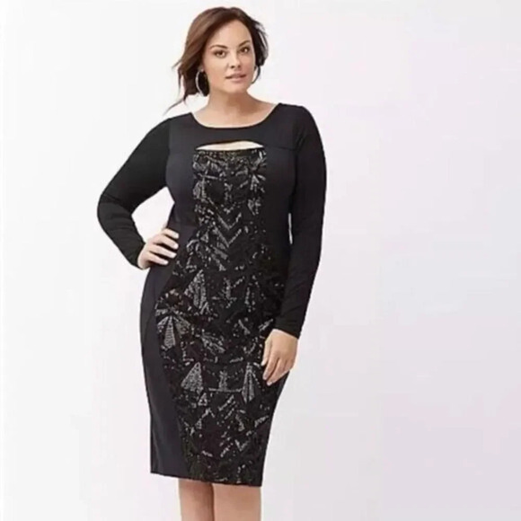 Lane Bryant Black Sequin Panel Long Sleeve Sheath Dress 22 - Picture 1 of 4